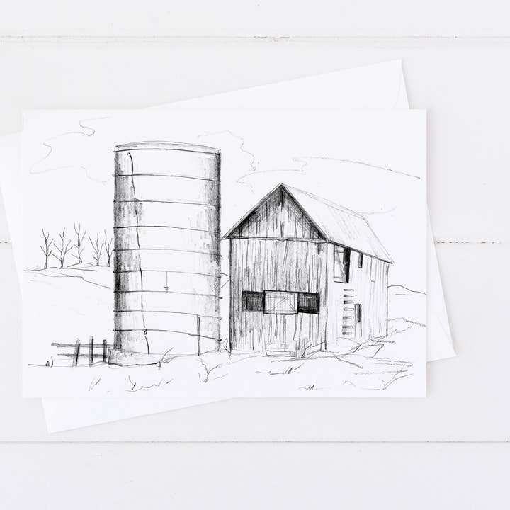 Celeiro na fazenda Desenho de lápis Cartão de felicitações para todas as ocasiões por atacado de Rugosa & Pine