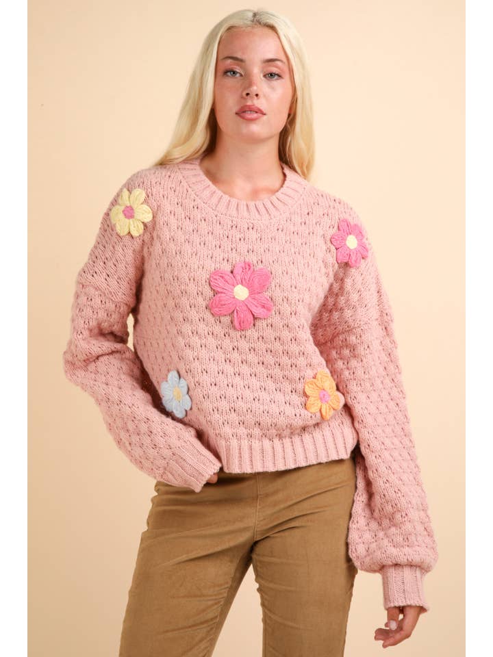 VERY J - Wholesale Knit Sweater - Women's - 12W3111NX-PLUS SIZE Hand Made Flower Applique Sweater Top