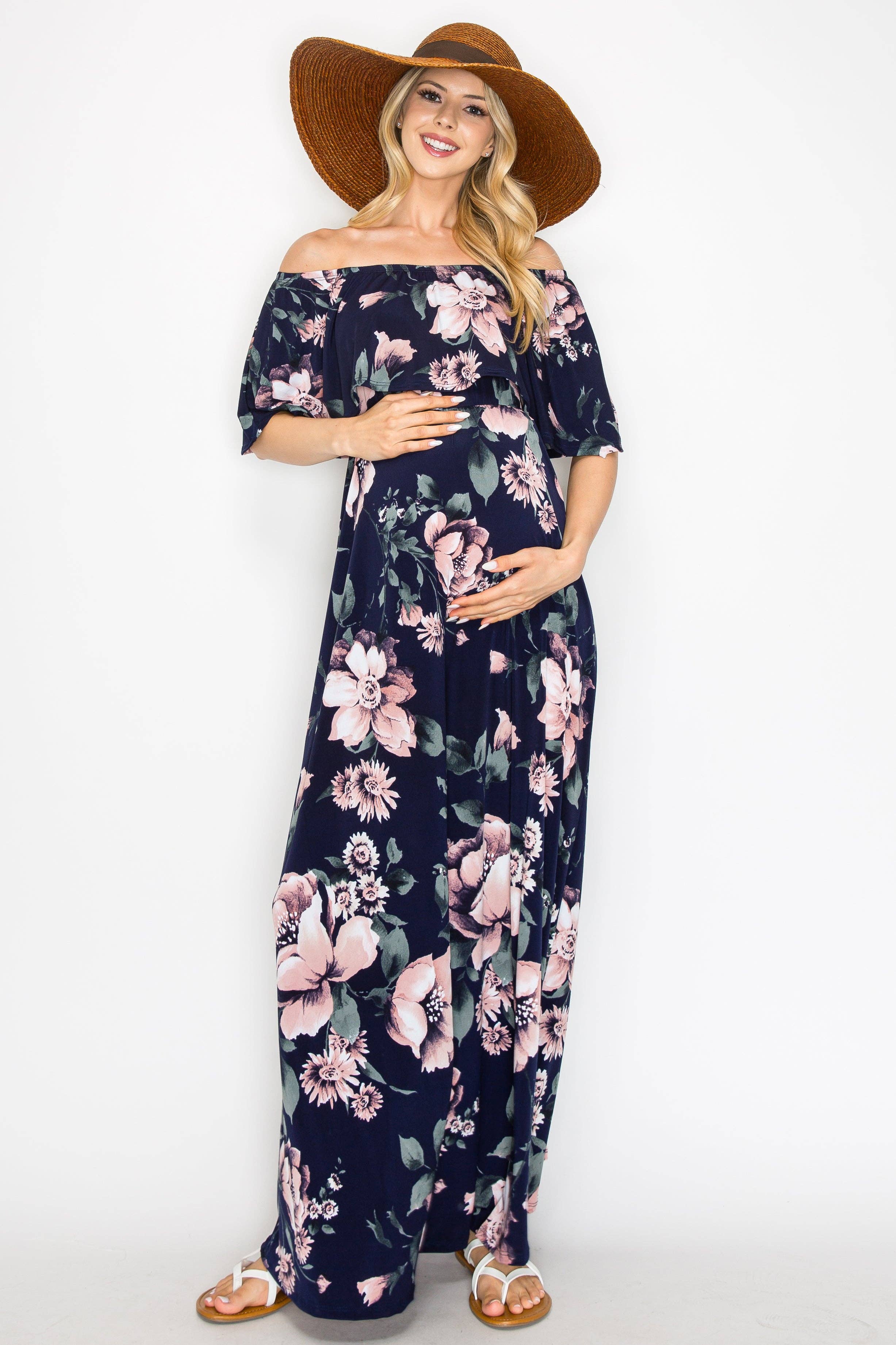 Navy Mauve Maureen Floral Off Shoulder Maxi Dress for wholesale on Faire4
