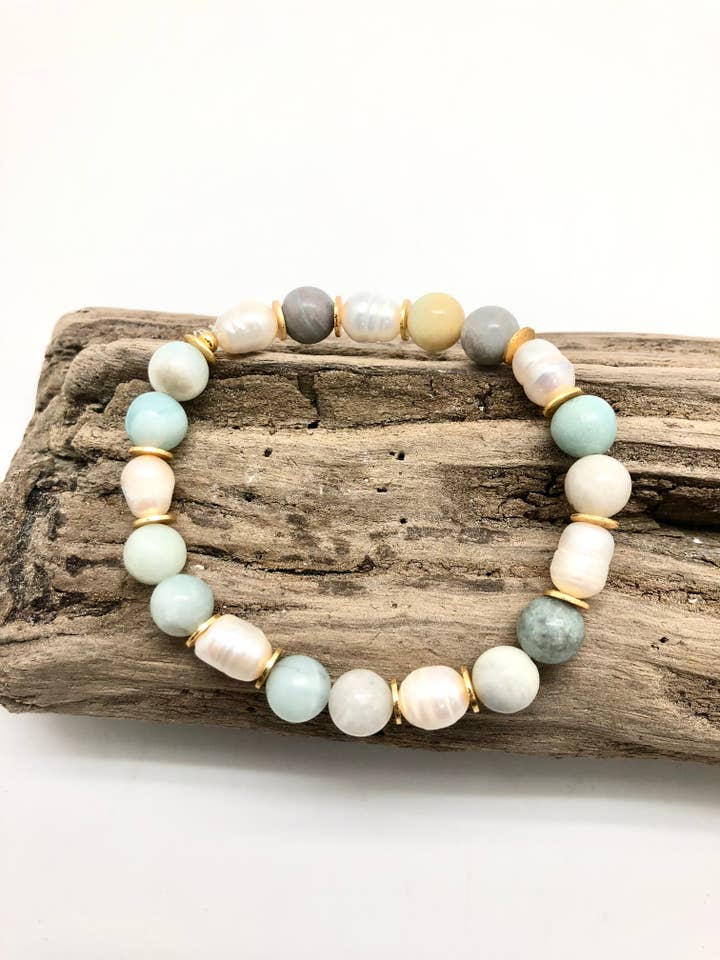 Bracelet Stretch Freshwater Pearl/Amazonite 8mm w/14kPlated for wholesale by Rant & Rave Classic