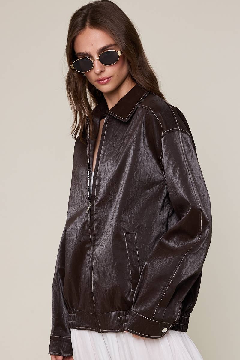 Sky to Moon - Vente Veste en cuir – femme - VESTE OVERSIZE À COL EN SIMILICUIR AVEC DÉTAILS POINTUS6