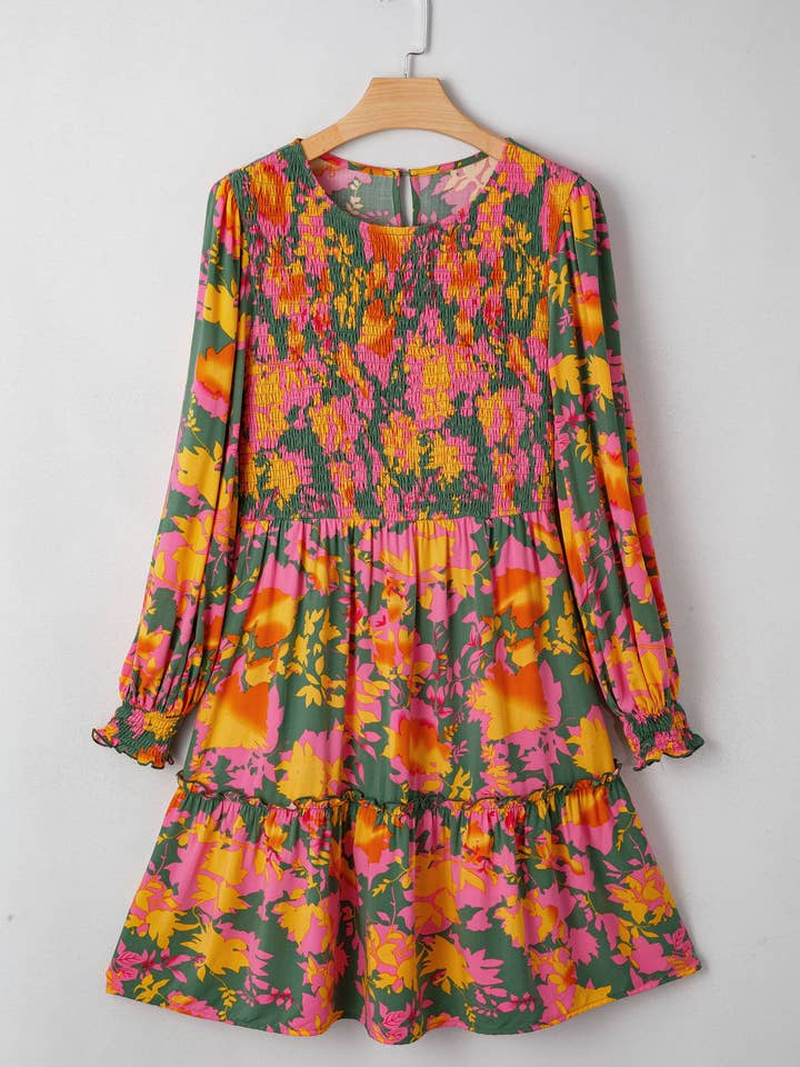 Vestido Mini com Estampa Floral Multicolorida de Manga Comprida com Smok e Folhos por atacado de Sweet Lover Fashion