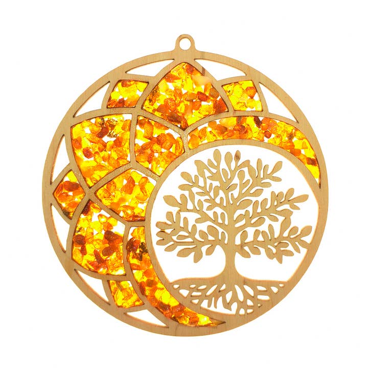 Attrape-soleil mandala et arbre en bois de bouleau avec ambre pour la vente par RADULY