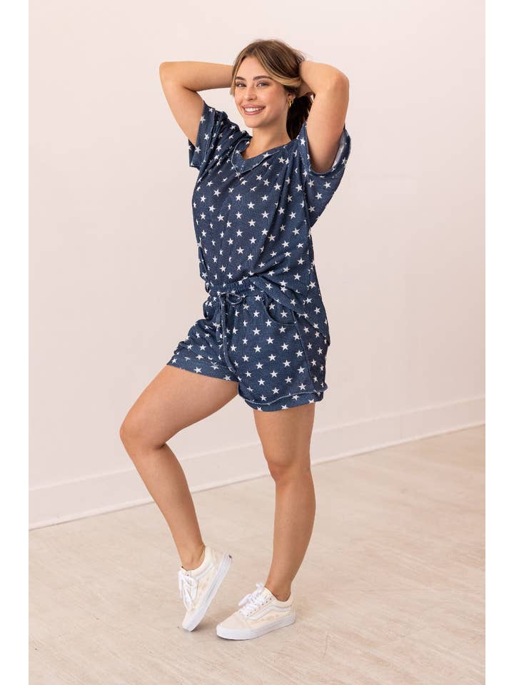 Blue Navy Stars Waffle Knit Shorts for wholesale on Faire