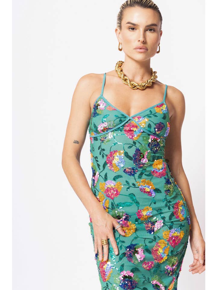 Elsie & Fred – Großhandel Kleid – Damen – Las Dalias Grünes Paillettenkleid10