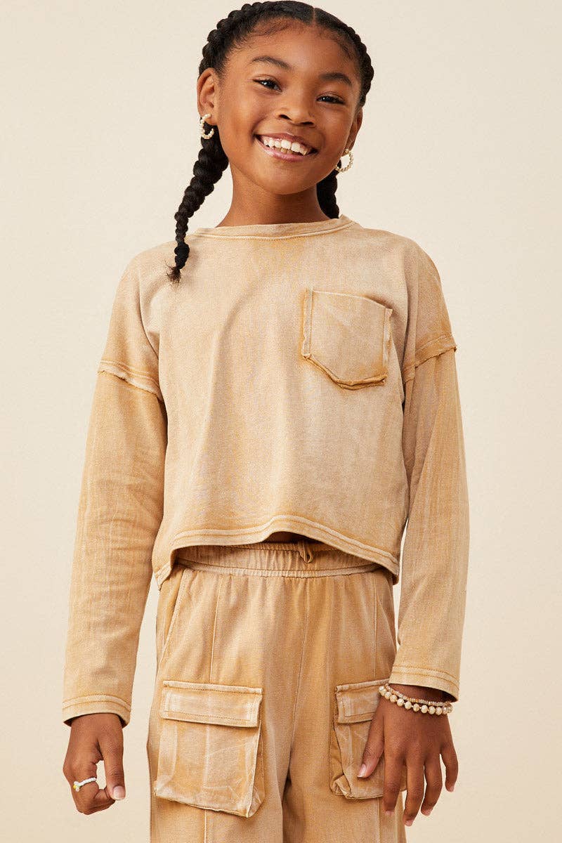 Hayden LA - Wholesale T-Shirt - Kids - Girls Washed Chest Pocket Long Sleeve Knit T Shirt0