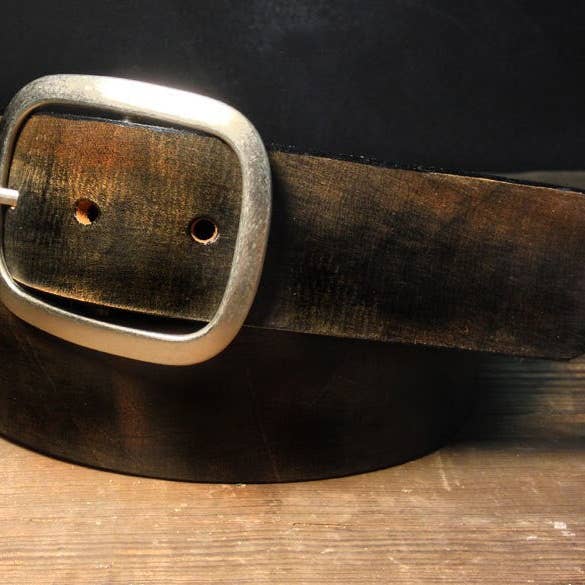 Regan Flegan - Wholesale Belt – Unisex - Vintage Distressed Black Brown Leather Belt with Antique Silver or Brass Buckle4