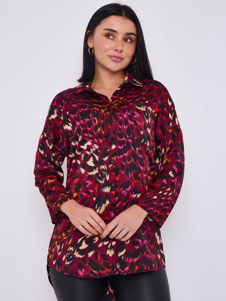 8pcs Wine Leopard Print Satin Oversized Shirt for wholesale by Love Sunshine Wholesale
