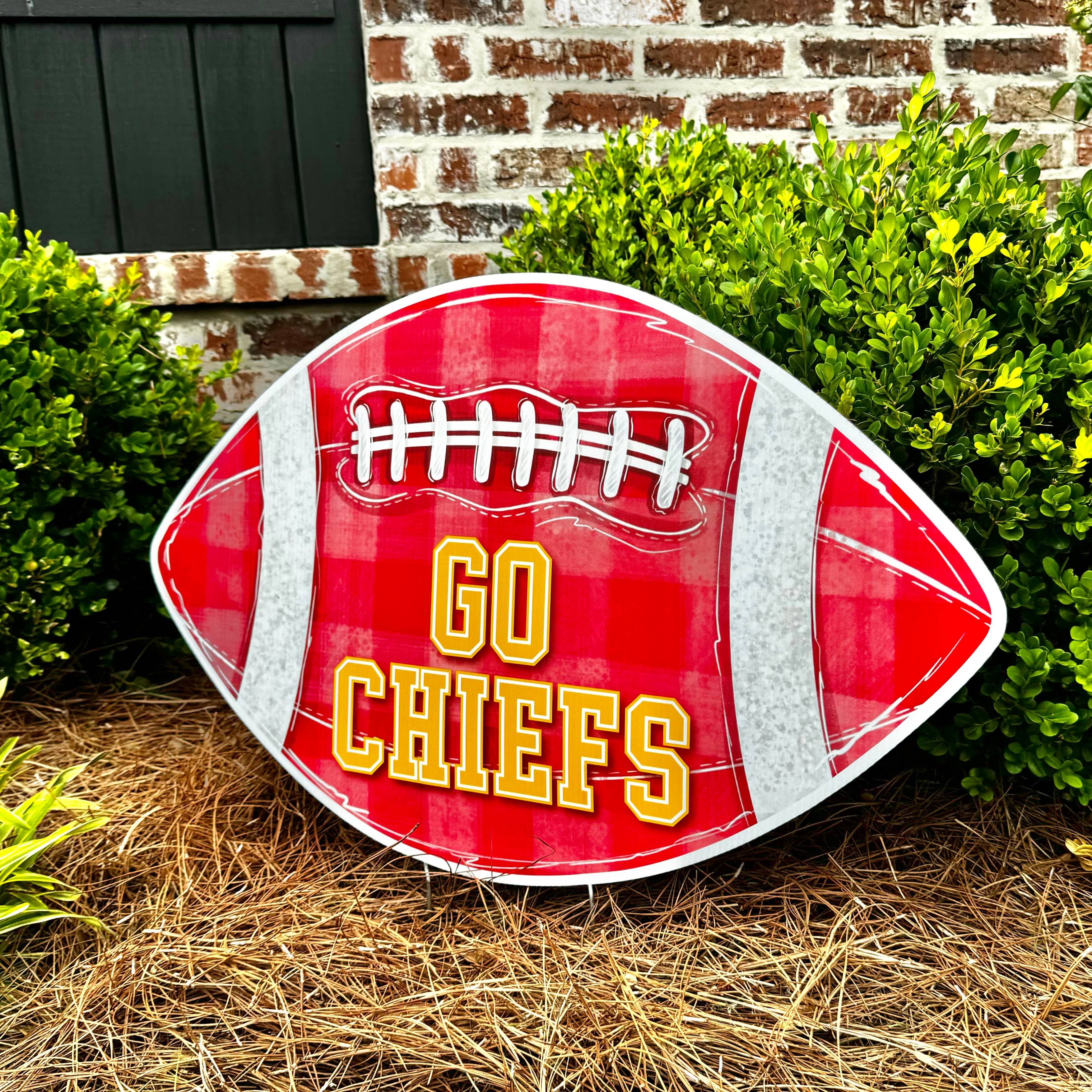 Songbird Grove Collection - Wholesale Garden/Lawn Stake - Go Chiefs Red Gingham Football Garden Stake1