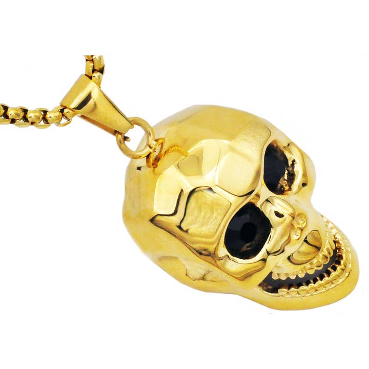 Pendentif en forme de crâne en acier inoxydable doré pour homme avec zircone cubique noire pour la vente par Blackjack Mens Jewelry