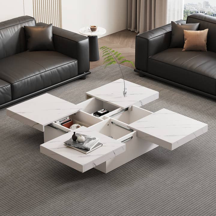 Urban Meuble - Wholesale Side Table - Modern white square coffee table with marble effect, 4 drawers, sliding top 90x90x25cm KHEKRIED39