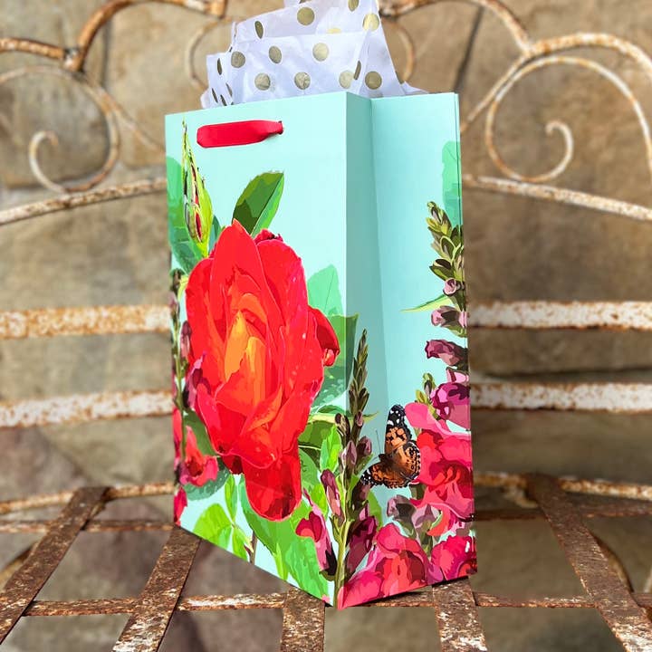 The Red Barn Press - Wholesale Gift Bag - LARGE Floral Gift Bag | Red Rose, Snap Dragon and Butterfly2