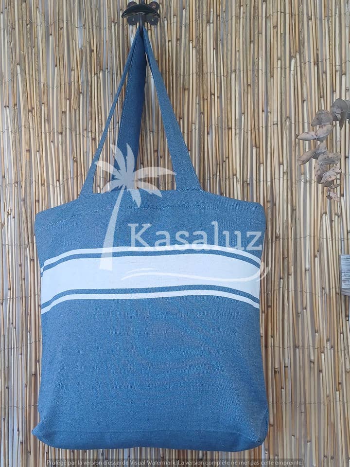 Tote Bag Fouta banda bianca Auténtica Blu grigio per la vendita all'ingrosso da parte di KASALUZ