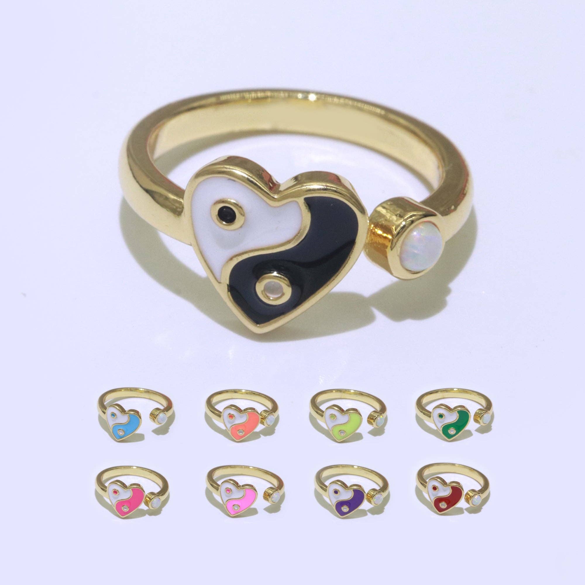Aim Eternal - Vente Bague de cocktail/de cérémonie - Bague Yin Yang délicate, bague ouverte en forme de cœur ajustable en or, bague en émail fluo coloré, bague empilable noir, blanc, rose, bleu, vert pour femme6