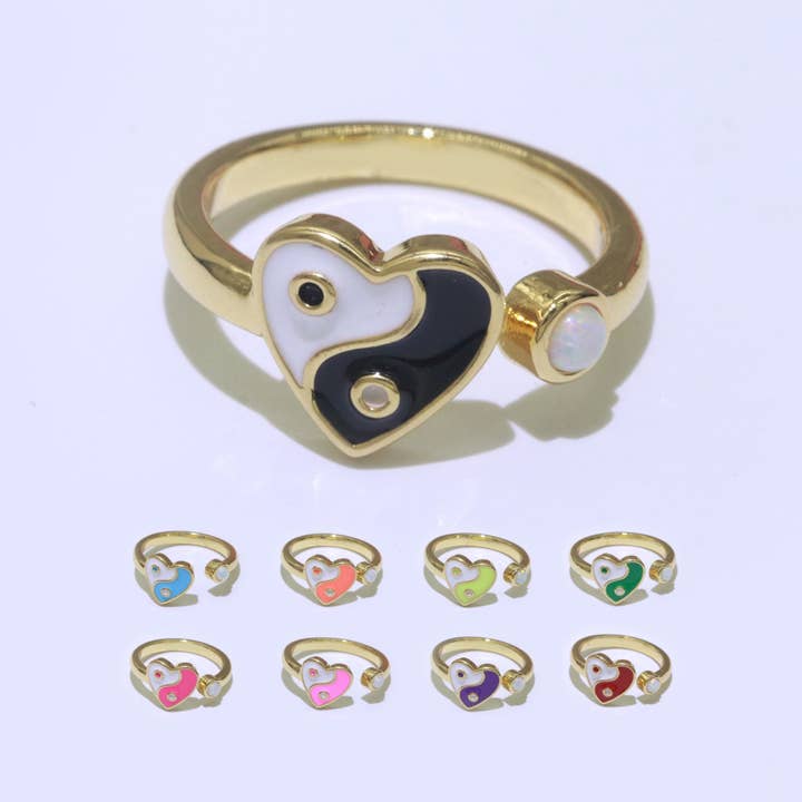 Aim Eternal - Wholesale Cocktail/gelegenheidsring - Sierlijke Yin Yang ring, open verstelbare hartgouden ring, kleurrijke neonemaille ring, stapelbare ring zwart wit roze blauwgroen voor dames6