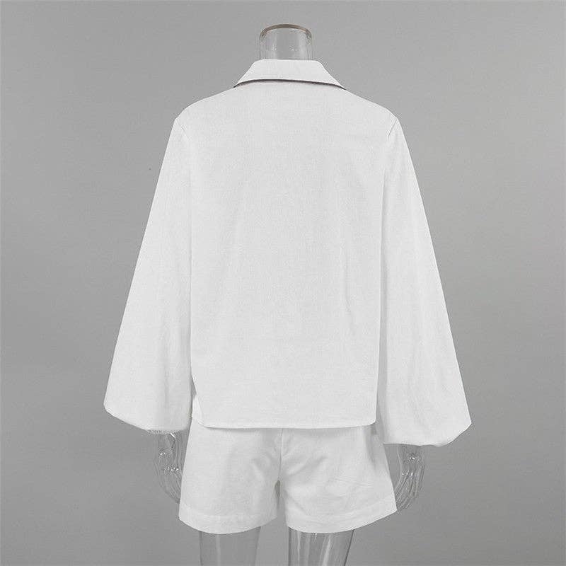 WHITE Loose Color Block Long Sleeve Shirt And Shorts Set for wholesale on Faire8