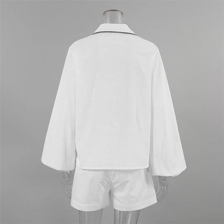 WHITE Loose Color Block Long Sleeve Shirt And Shorts Set for wholesale on Faire8