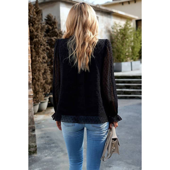 Elings - Wholesale Blouse - Women's - Swiss Dot Ruched Shoulder Hem Ruffle Blouse14