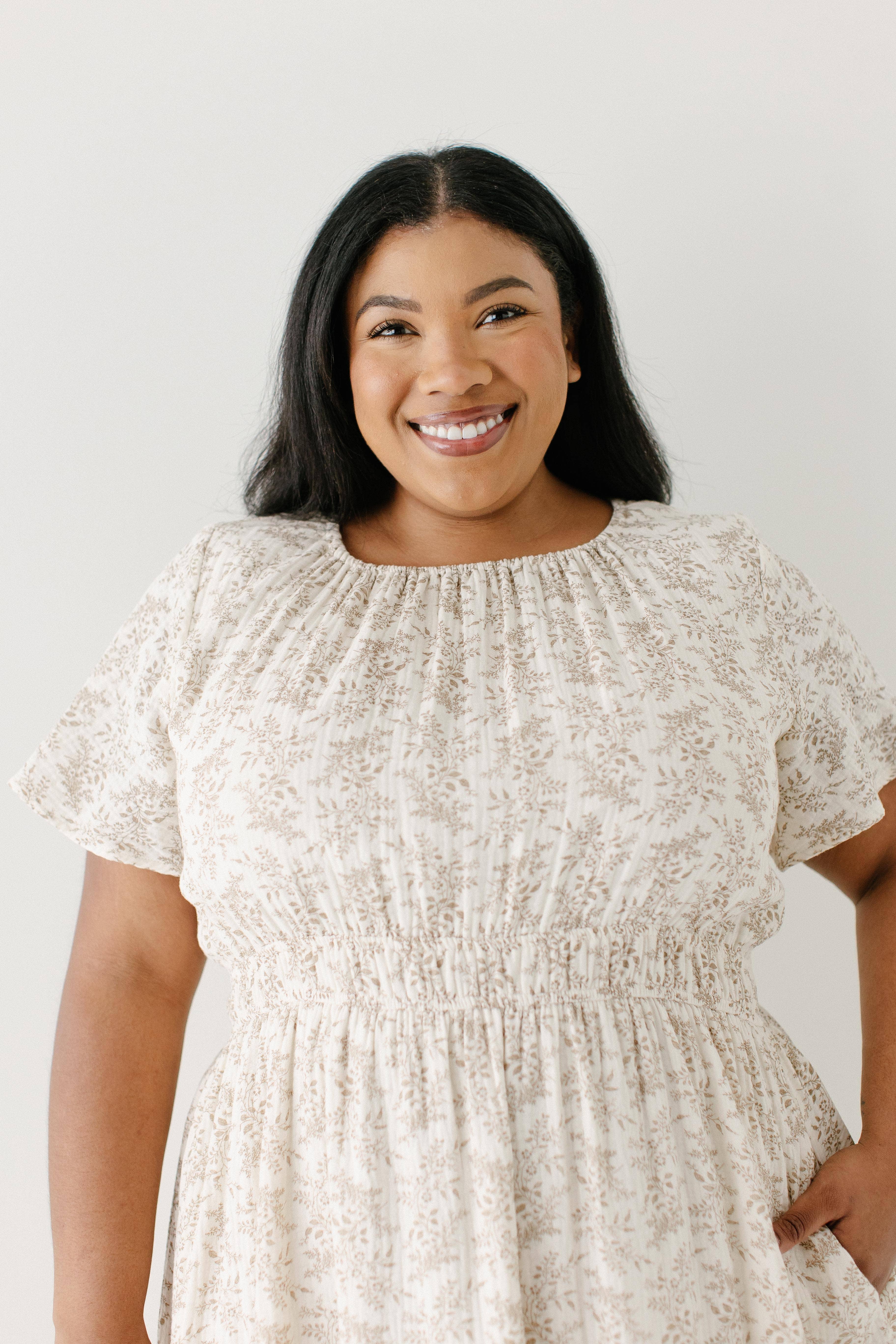 Ivory 'Cynthia' Botanical Print Cotton Gauze Midi Dress for wholesale on Faire6