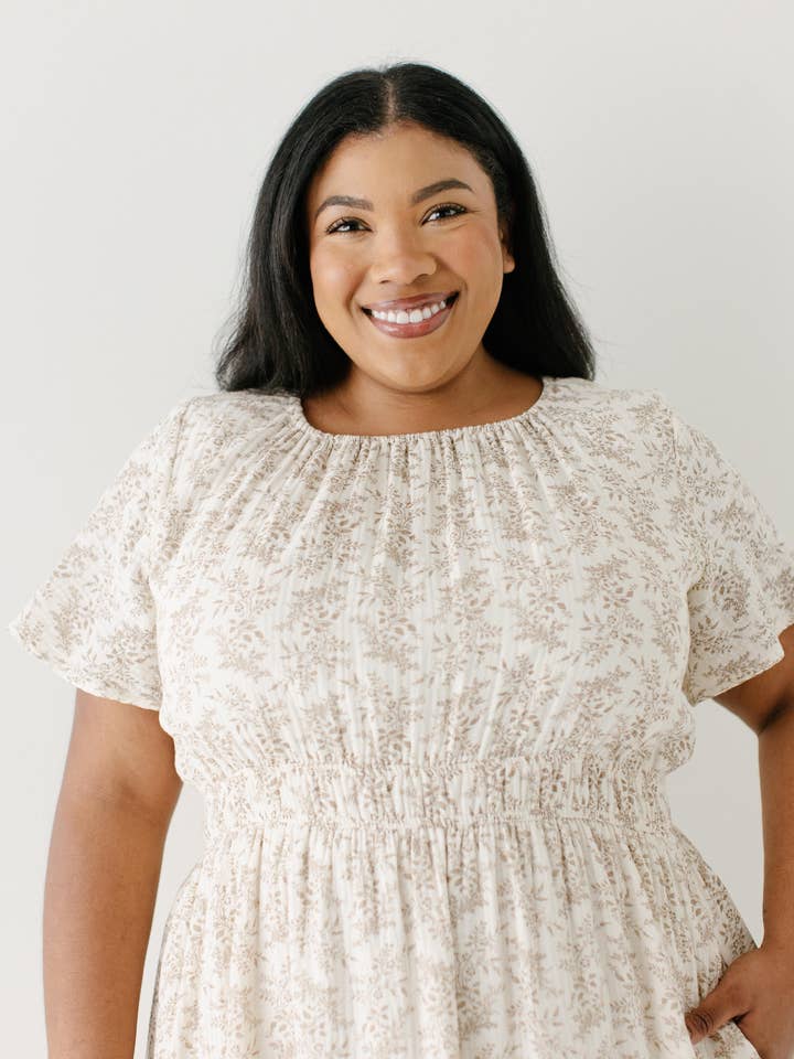 Ivory 'Cynthia' Botanical Print Cotton Gauze Midi Dress for wholesale on Faire6