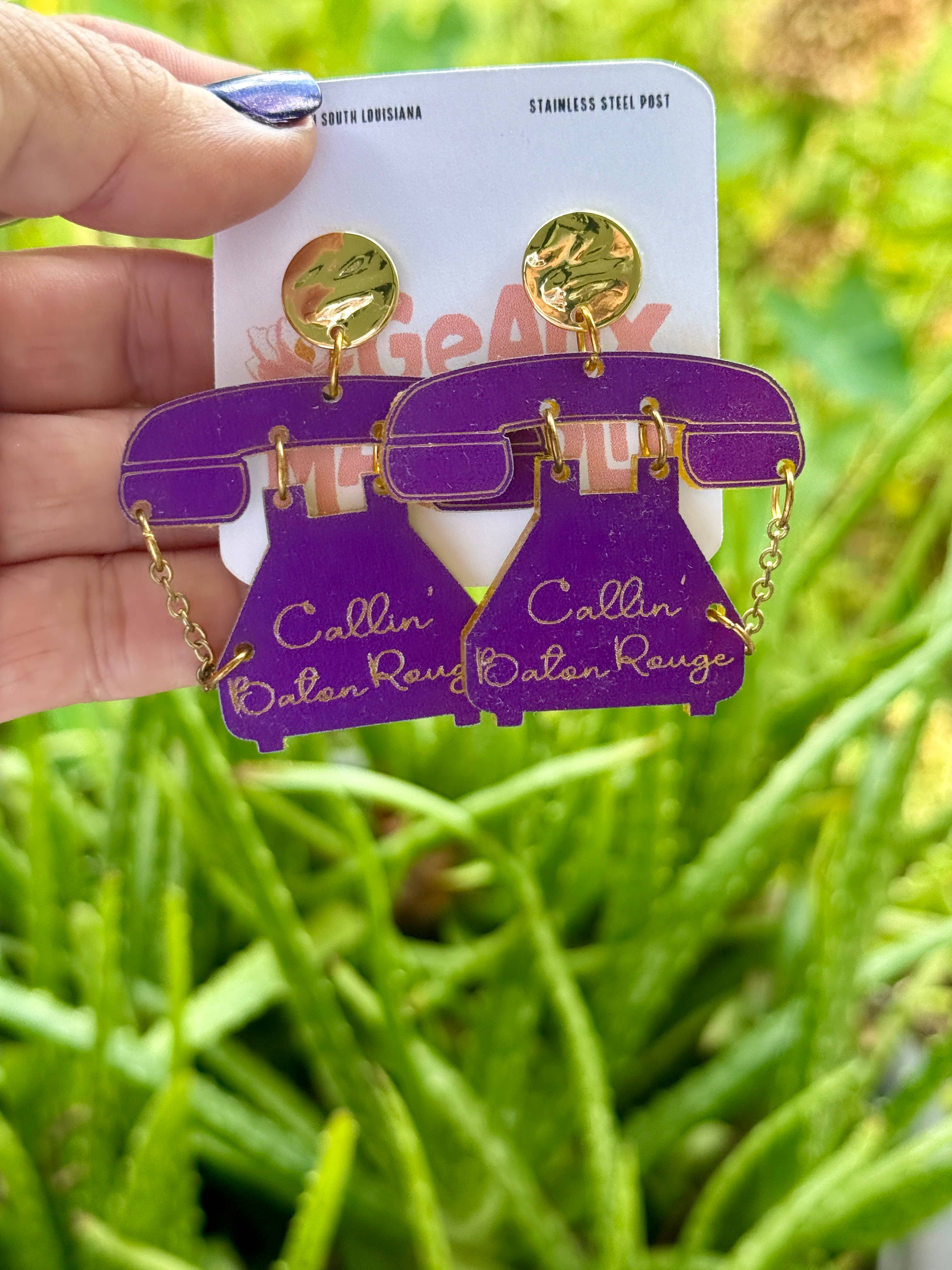 Geaux Magnolia - Wholesale Dangle Earrings - Callin’ Baton Rouge Retro Phone Dangle Earrings LSU Tigers2