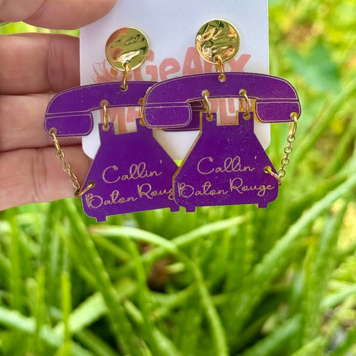 Geaux Magnolia - Wholesale Dangle Earrings - Callin’ Baton Rouge Retro Phone Dangle Earrings LSU Tigers2