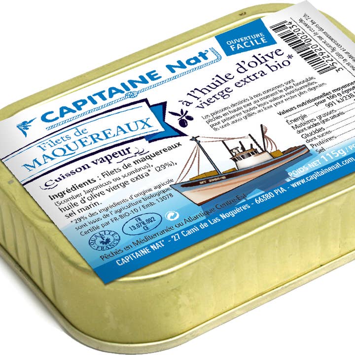 CAPITAINE NAT' - Wholesale Tinned fish - CANNED Mackerel Fillets in Organic Olive Oil* 115g0