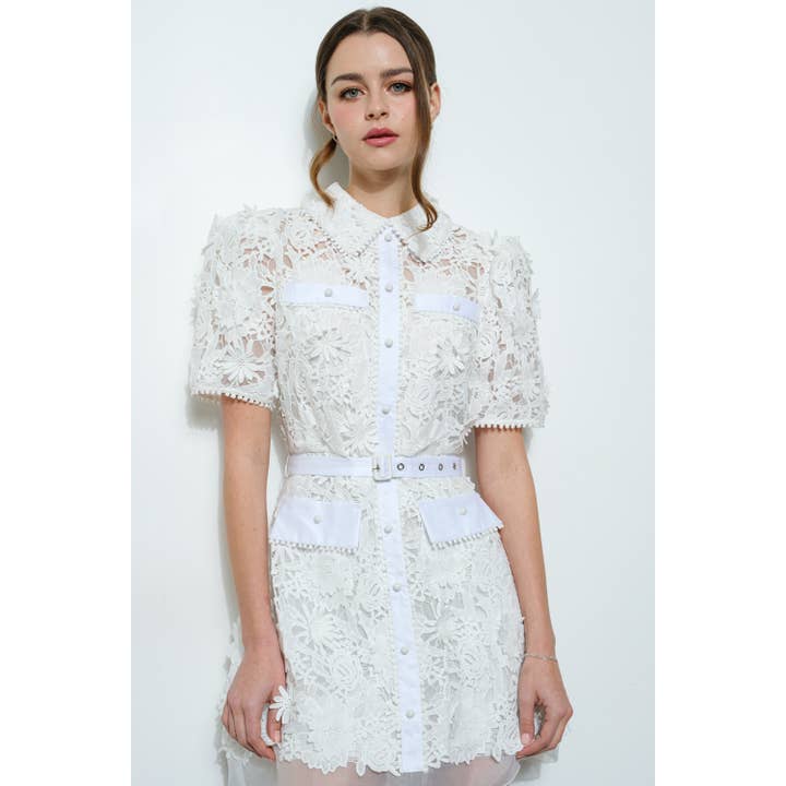 INA - Wholesale Dress - Women's - Short Puff Sleeve Floral Lace Belted Mini Dress