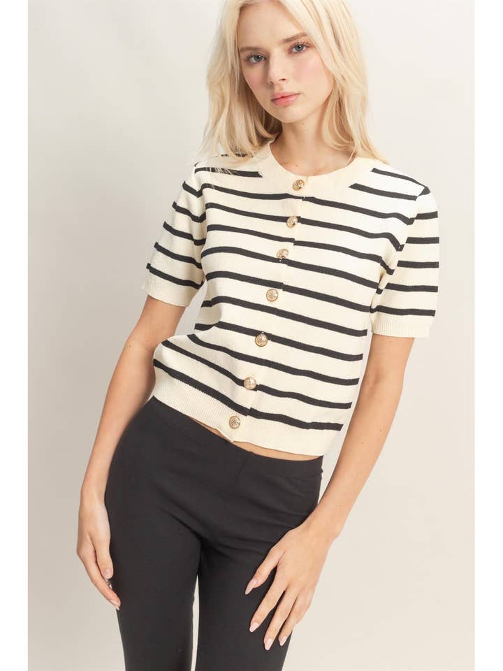 Striped Short Sleeve Button Up Cardigan for wholesale by HYFVE