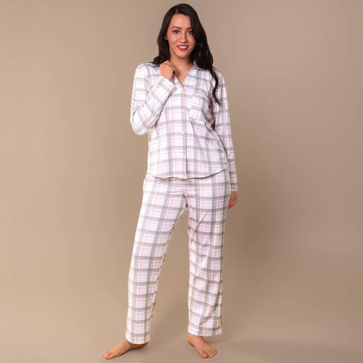 Amanda Blu - Wholesale Sleepwear Bottom - Women's - Pink and Grey Plaid Pajama Pants | Cloud Plush PJ Bottoms1
