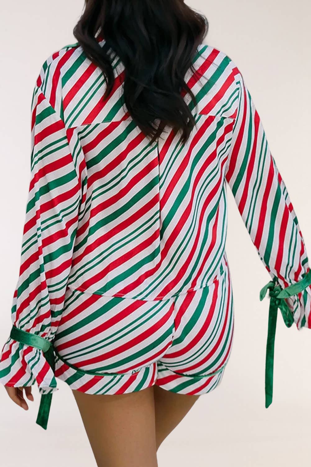 Green Stripe Contrast Velvet Ribbon Knot Christmas 2pcs Pajama Set for wholesale on Faire1