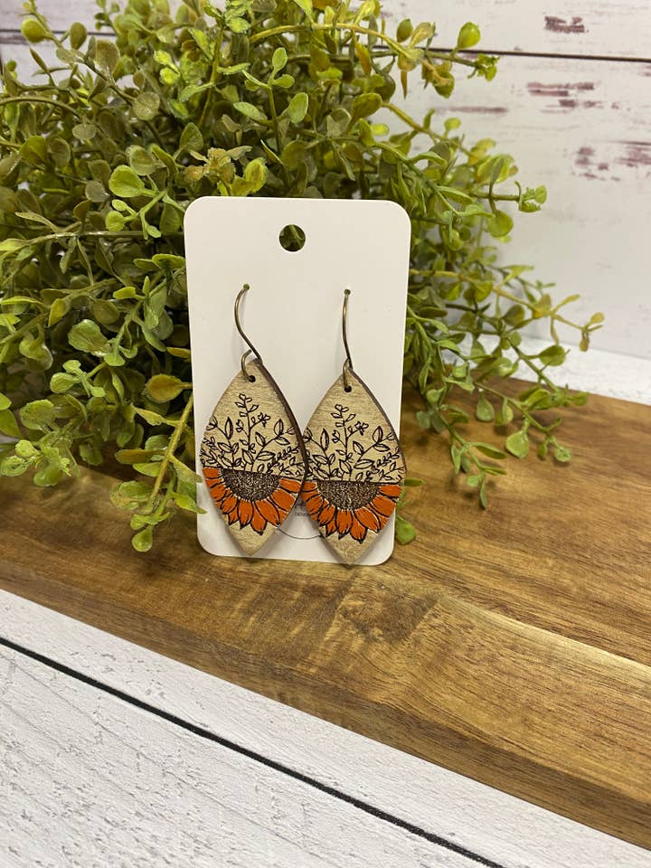 Sunflower Floral Split Laser Engraved Earrings - Boho Summer Jewelry for wholesale by Creekside Cottage Designs