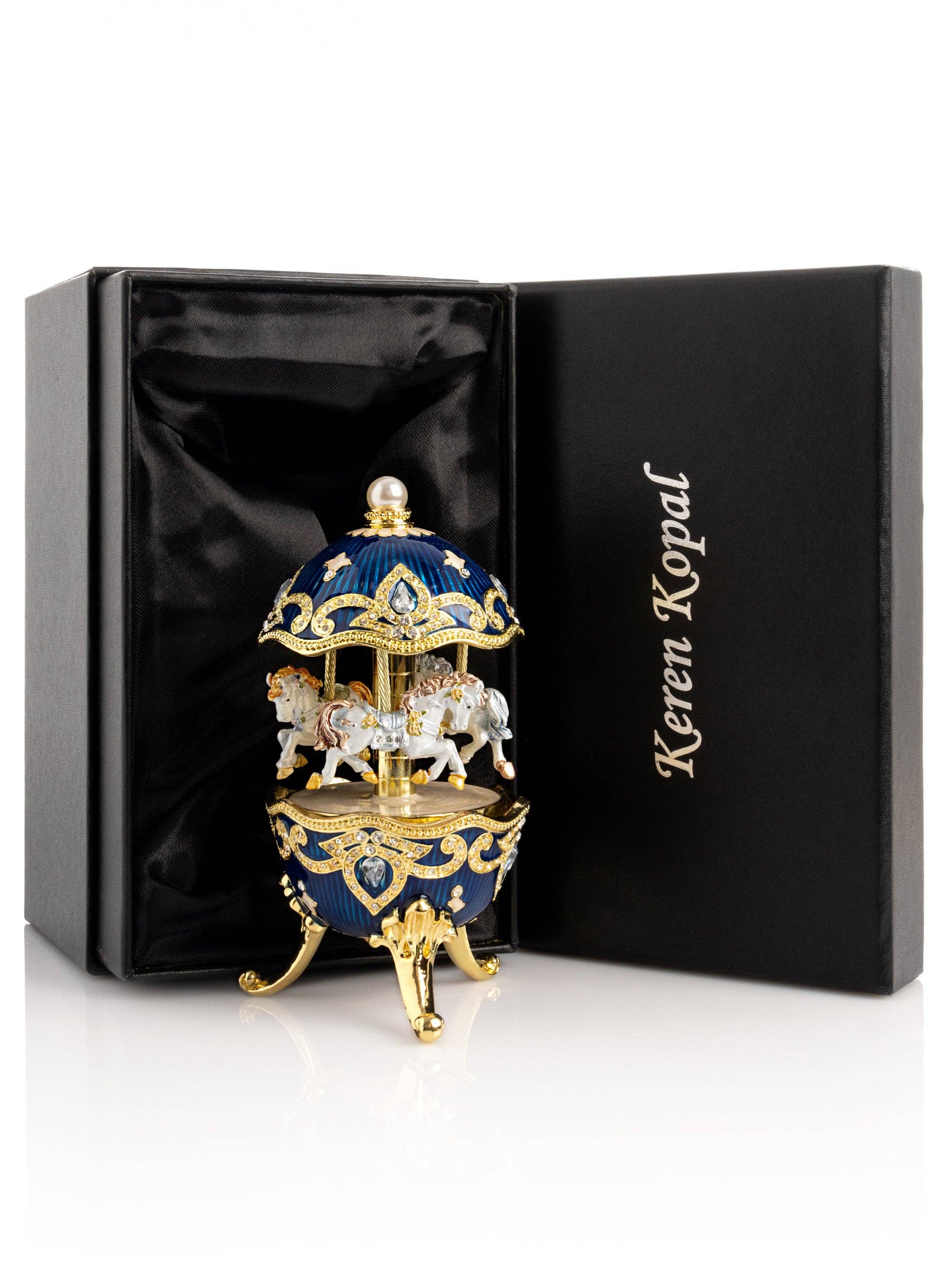 Keren Kopal - Venta al por mayor Cajas decorativas - Huevo de Fabergé con carrusel de caballo de viento azul15