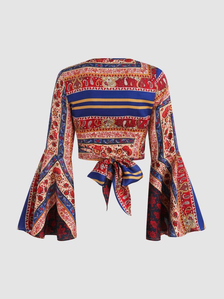 Rosa Clothing - Wholesale Blouse - Women's - Retro boho Scarf Printed flare sleeve wrap top blouse6