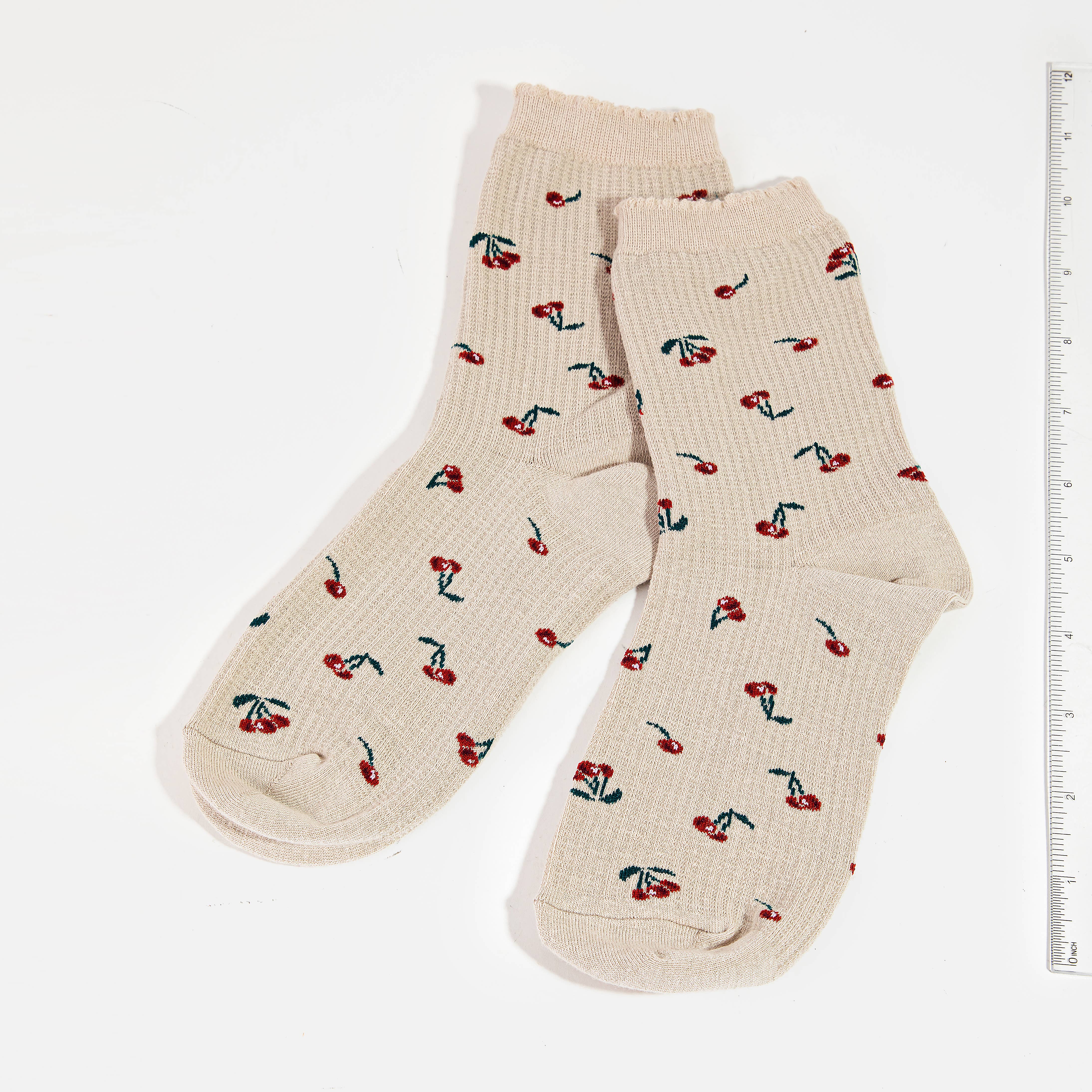 MULTI Beige Cherry Print Socks for wholesale on Faire1