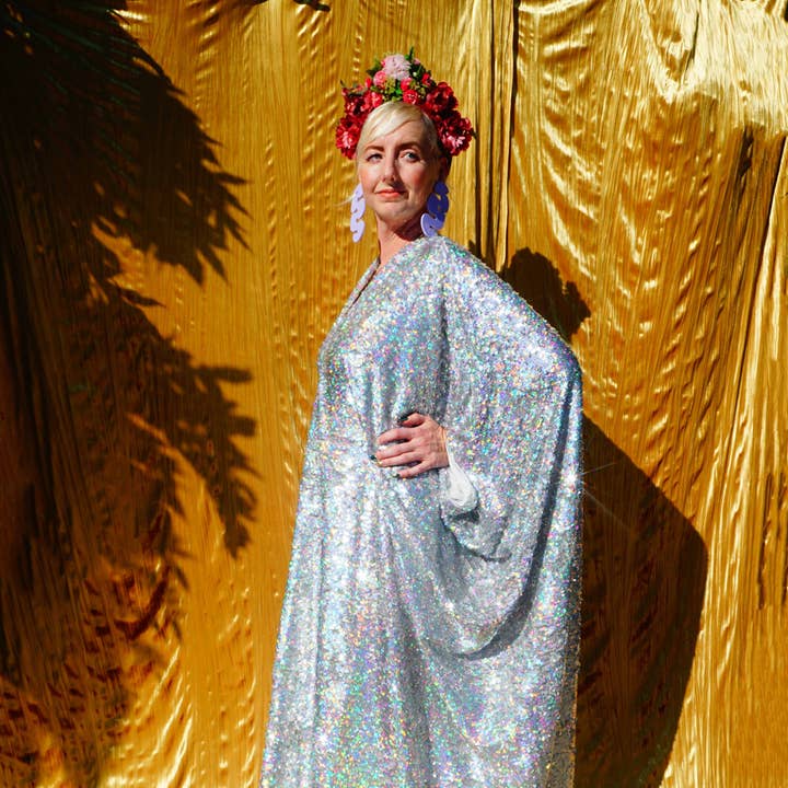 Silver Metallic Holographic/  Sequin Kaftan Gown / Dress and other Purchase wholesale metallic mesh ribbon. Free returns & net 60 terms on Faire trending on Faire.