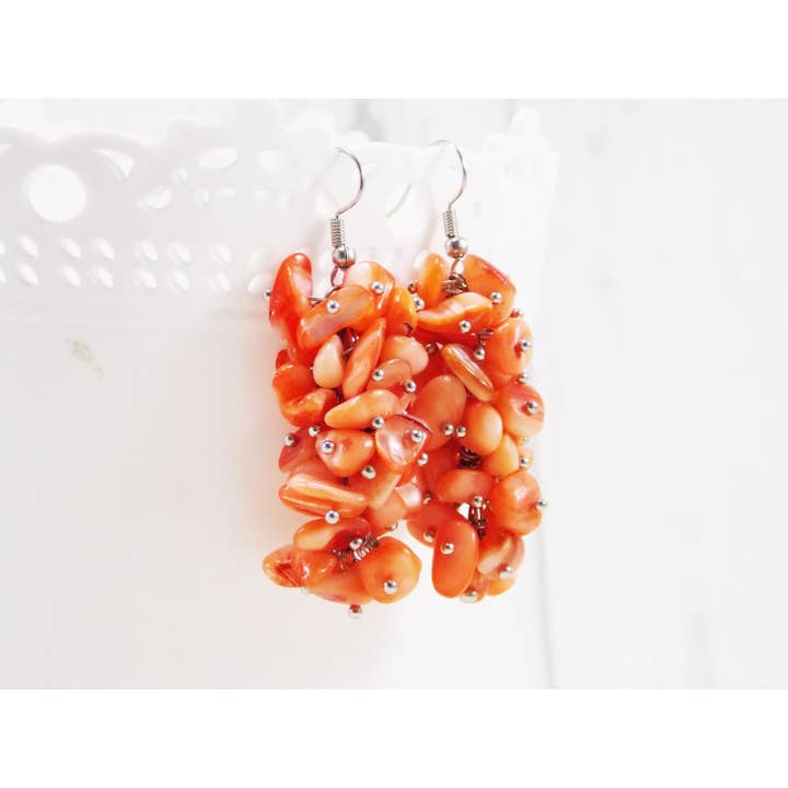 Orange Coral Earring for Sensitive Ears Coral Stone Earrings Statement Gemstone Drop Coral Dangle Earrings Pear Bead Women Gift Under 30 for wholesale by Ninolia