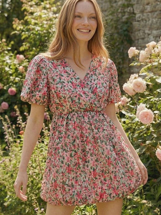 SURPLICE BUBBLE HEM FLORAL DRESS for wholesale by Kori America