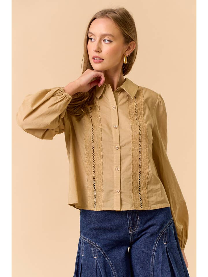 TAUPE Dramatic Puff Sleeve Button-Down Shirt for wholesale on Faire3