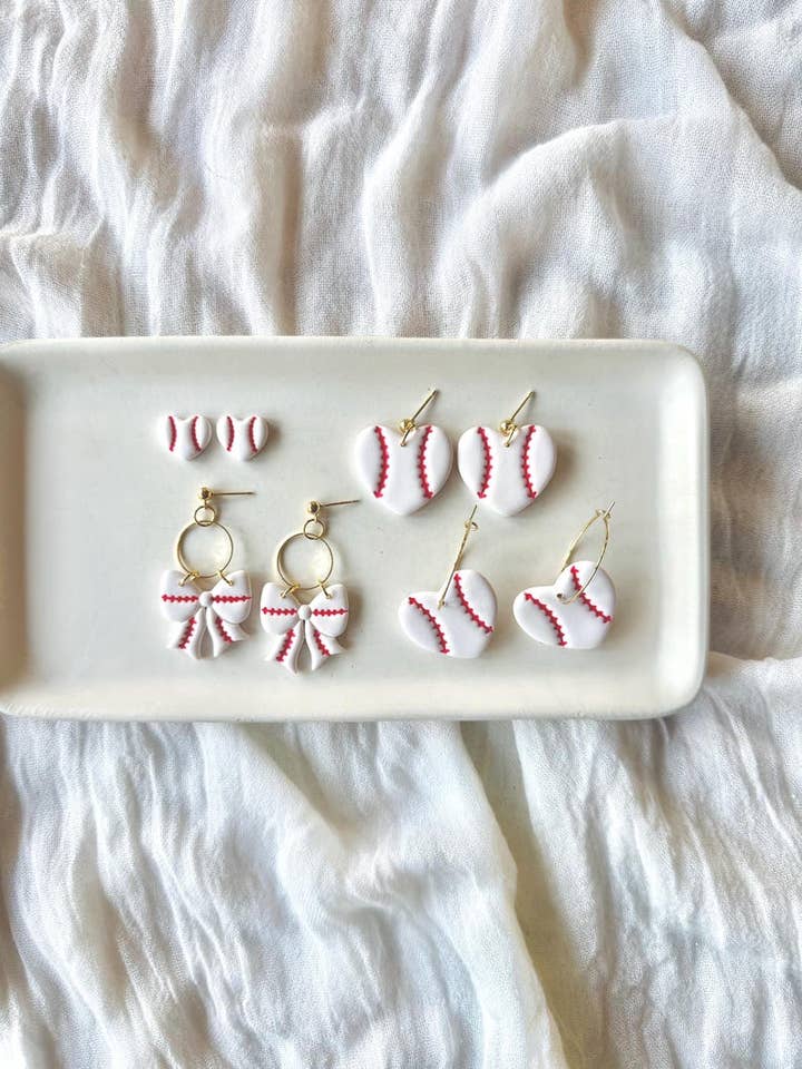 Baseball Earrings, Baseball Clay Earrings, Baseball Hearts for wholesale by SeizeTheClayJewelry