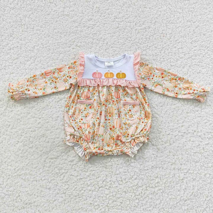 Baby Girls Pink Floral Pumpkin Rompers for wholesale by Aier Wholesale