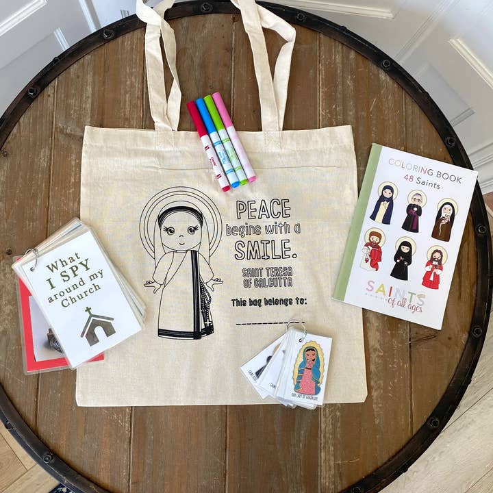 Mass Bag with Kids Coloring Tote Bag. Mother Teresa Tote for wholesale by Meyer Market Designs