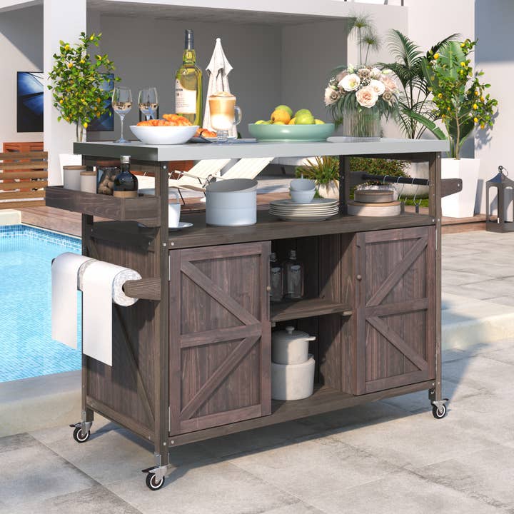 39F Inc. - Wholesale Outdoor Ornament/Decor - Outdoor Kitchen Island,Farmhouse Solid Wood Rolling Cart2