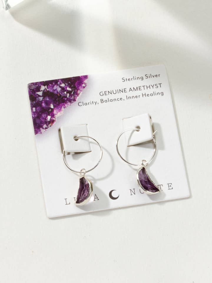 Sterling Silver Eclipse Hoop Earring- Amethyst for wholesale by Luna Norte