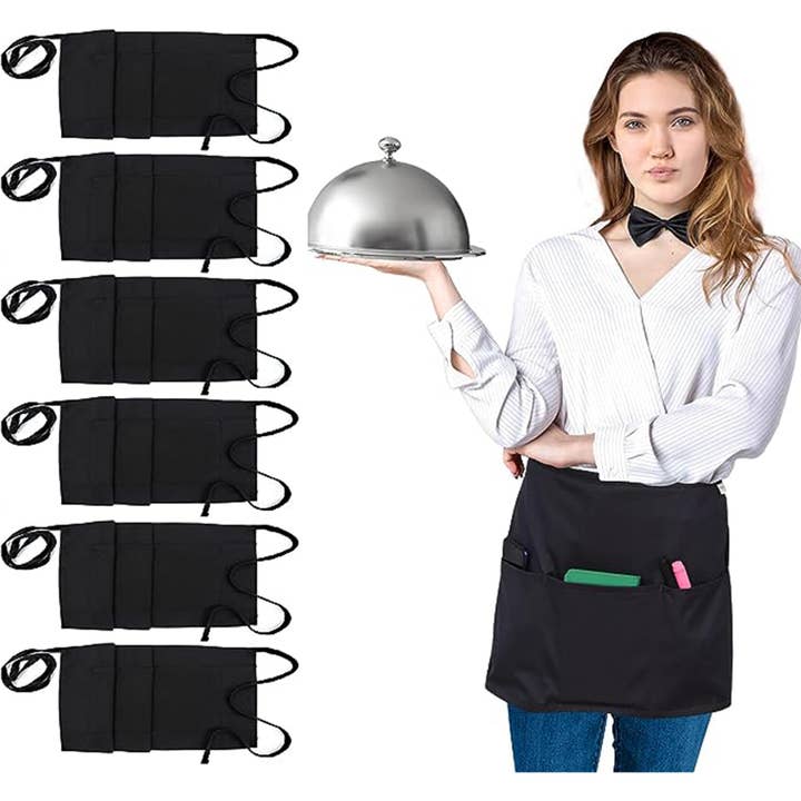 6-Pack Server Aprons with 3 Pockets, Waist Aprons, Black for wholesale by Ruvanti