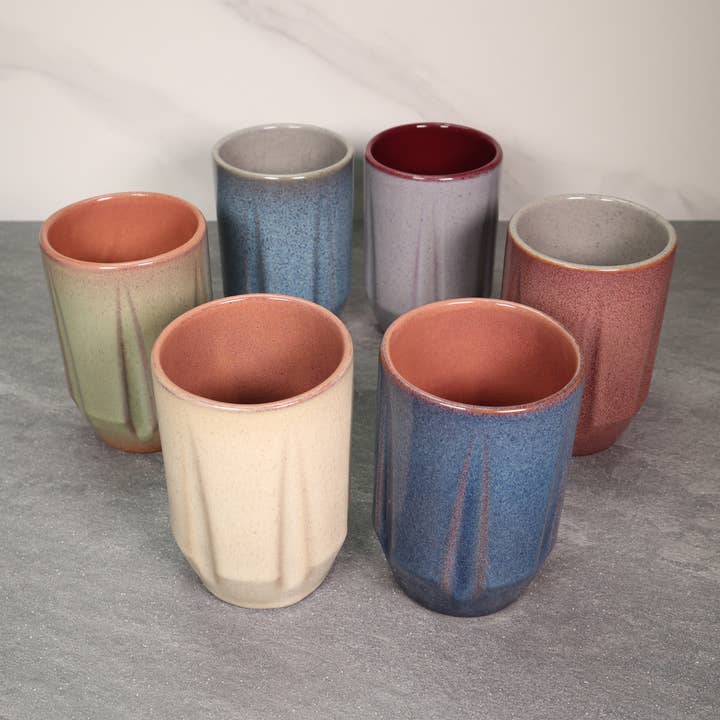 HOLD SUPPLY - Wholesale Drinking Glass/Cup - Gray and Red 16 oz Round Notched Stoneware Ceramic Cup4