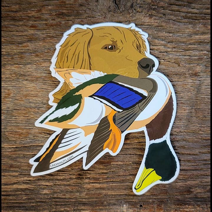 Golden Retriever with Mallard Duck Sticker for wholesale by creeknuts.com