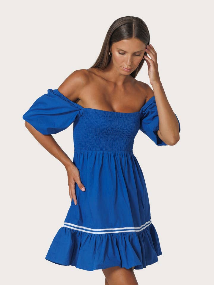 Nina Embroidered Poplin Dress in Sapphire Stripe for wholesale by Lusana