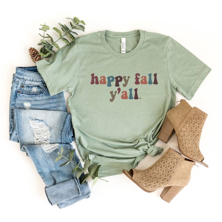 Happy Fall Ya-'ll Colorful Words T-shirt graphique à manches courtes pour la vente par Olive And Ivory Wholesale