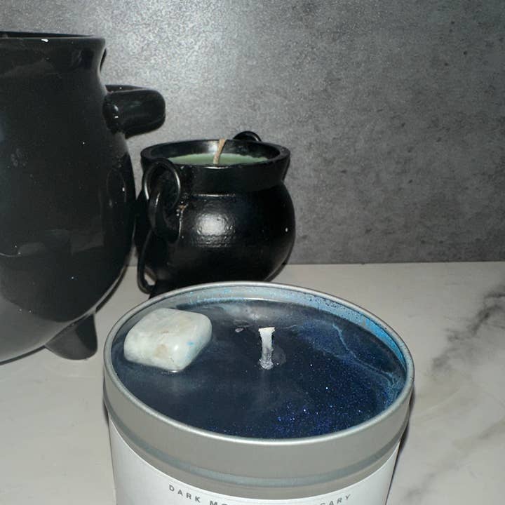Midnight Moon 8oz Soy candle with Moonstone Crystal for wholesale by The Dark Moon Apothecary
